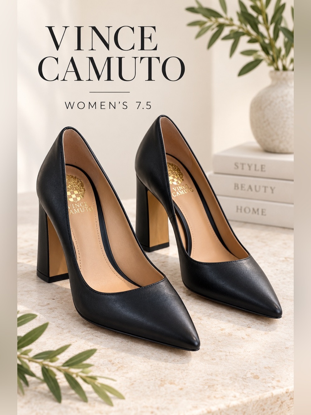 Vince Camuto Black Leather Pointed Toe Block Heel Pumps Size 7.5